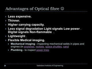 Advantages of Optical fibre 
 Less expensive.
 Thinner.
 Higher carrying capacity.
 Less signal degradation Light signals Low power .
Digital signals Non-flammable .
 Lightweight .
 Flexible Medical imaging.
 Mechanical imaging - inspecting mechanical welds in pipes and
engines (in airplanes, rockets, space shuttles, cars)
 Plumbing - to inspect sewer lines
Vadodara Institute of Engineering.
 