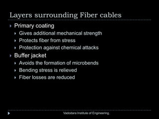 Layers surrounding Fiber cables
 Primary coating
 Gives additional mechanical strength
 Protects fiber from stress
 Protection against chemical attacks
 Buffer jacket
 Avoids the formation of microbends
 Bending stress is relieved
 Fiber losses are reduced
Vadodara Institute of Engineering.
 