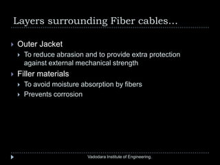 Layers surrounding Fiber cables…
 Outer Jacket
 To reduce abrasion and to provide extra protection
against external mechanical strength
 Filler materials
 To avoid moisture absorption by fibers
 Prevents corrosion
Vadodara Institute of Engineering.
 
