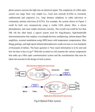 7
photo-sensors converts the light into an electrical signal. The complexity of a fiber optic
system can range from very simple (i.e., local area network (LAN)) to extremely
sophisticated and expensive (i.e., long distance telephone or cable television or
community antenna television (CATV)). For example, the system shown in Figure 3
could be built very inexpensively using a visible LED, plastic fiber, a silicon
photodetector, and some simple electronic circuitry. The overall cost could be less than
20$. On the other hand, a typical system used for long-distance, high-bandwidth
telecommunication that employs wavelength-division multiplexing, erbium-doped fiber
amplifiers, external modulation using DFB lasers with temperature compensation, fiber
Bragg gratings, and high-speed infrared photodetectors could cost tens or even hundreds
of thousands of dollars. The basic question is “how much information is to be sent and
how far does it have to go?” With this in mind we will examine the various components
that make up a fiber optic communication system and the considerations that must be
taken into account in the design of such systems.
Fig.4 Optical Fiber system
 