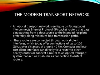 THE MODERN TRANSPORT NETWORK
• An optical transport network (see figure on facing page)
interconnects Internet Protocol (IP) packet routers that pass
data packets from a data source to the intended recipient,
preferably along minimum-hop transmission paths.
• These routers are connected through optical client
interfaces, which today offer connections of up to 100
Gbit/s over distances of around 40 km. Compact and low-
cost client interfaces can directly tie a router to other
nearby routers or connect a router to an optical transport
system that in turn establishes a connection to distant
routers.
 