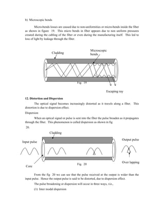 b) Microscopic bends
Micro-bends losses are caused due to non-uniformities or micro-bends inside the fiber
as shown in figure 19. This micro bends in fiber appears due to non uniform pressures
created during the cabling of the fiber or even during the manufacturing itself. This led to
loss of light by leakage through the fiber.
Fig. 19
12. Distortion and Dispersion
The optical signal becomes increasingly distorted as it travels along a fiber. This
distortion is due to dispersion effect.
Dispersion
When an optical signal or pulse is sent into the fiber the pulse broaden as it propagates
through the fiber. This phenomenon is called dispersion as shown in fig
20.
Fig. 20
From the fig 20 we can see that the pulse received at the output is wider than the
input pulse. Hence the output pulse is said to be distorted, due to dispersion effect.
The pulse broadening or dispersion will occur in three ways, viz.,
(1) Inter modal dispersion
Cladding
Microscopic
bends
Escaping ray
Cladding
Output pulse
Over lapping
Input pulse
Core
 