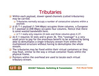Tributaries
Tributaries
 Within each payload, slower-speed channels (called tributaries)
may be carried.
 Tributaries normally occupy a number of consecutive columns within a
payload.
 A US T-1 payload (1.544 Mbps) occupies three columns, a European
E-1 payload (2.048 Mbps) occupies four columns. Notice that there
is some wasted bandwidth here.
 A T-1 really only requires 24 slots and three columns gives it 27.
 An E-1 requires 32 slots and is given 36. This “wastage” is a very
small price to pay for the enormous benefit to be achieved by being
Prof. Murat Torlak
EE4367 Telecom. Switching  Transmission
 An E-1 requires 32 slots and is given 36. This “wastage” is a very
small price to pay for the enormous benefit to be achieved by being
able to demultiplex a single tributary stream from within the
multiplexed structure without having to demultiplex the whole
stream.
 The tributaries may be fixed within their virtual containers or they
may float, similar to the way a virtual container floats within the
physical frame.
 Pointers within the overhead are used to locate each virtual
tributary stream.
 