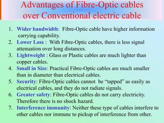 Advantages of Fibre-Optic cables
over Conventional electric cable
1. Wider bandwidth: Fibre-Optic cable have higher information
carrying capability.
2. Lower Loss : With Fibre-Optic cables, there is less signal
attenuation over long distances.
3. Lightweight : Glass or Plastic cables are much lighter than
copper cables.
4. Small in Size: Practical Fibre-Optic cables are much smaller
than in diameter than electrical cables.
5. Security: Fibre-Optic cables cannot be “tapped” as easily as
electrical cables, and they do not radiate signals.
6. Greater safety: Fibre-Optic cables do not carry electricity.
Therefore there is no shock hazard.
7. Interference immunity: Neither these type of cables interfere to
other cables nor immune to pickup of interference from other.
 