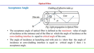 Acceptance Angle
• The acceptance angle of optical fiber is defined as the maximum value of angle
of incidence at the entrance end of the fiber at which the angle of incidence at the
core-cladding interface is equal to critical angle of the core.
• The angle of incidence at launching end with axis is i show that the angle of
incidence at core-cladding interface is equal to critical angle C then i is
acceptance angle.
Optical Fibre
 