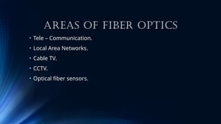 AREAS OF FIBER OPTICS
• Tele – Communication.
• Local Area Networks.
• Cable TV.
• CCTV.
• Optical fiber sensors.
 
