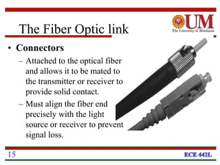 • Connectors
– Attached to the optical fiber
and allows it to be mated to
the transmitter or receiver to
provide solid contact.
– Must align the fiber end
precisely with the light
source or receiver to prevent
signal loss.
15
The Fiber Optic link
 