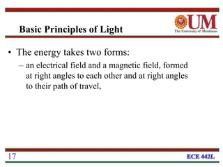 • The energy takes two forms:
– an electrical field and a magnetic field, formed
at right angles to each other and at right angles
to their path of travel,
17
Basic Principles of Light
 