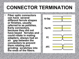 CONNECTOR TERMINATION
• Fiber optic connectors
can have several
different ferrule shapes
or finishes, usually
referred to as polishes.
Early connectors,
because they did not
have keyed ferrules and
could rotate in mating
adapters, always had an
air gap between the
connectors to prevent
them rotating and
grinding scratches into
the ends of the fibers.
 