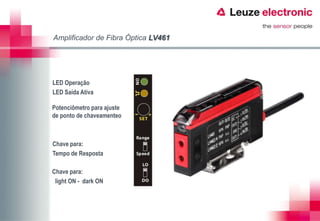 Amplificador de Fibra Óptica LV461




LED Operação
LED Saída Ativa

Potenciômetro para ajuste
de ponto de chaveamenteo



Chave para:
Tempo de Resposta

Chave para:
 light ON - dark ON
 
