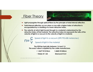 Light propagates through optical fibers by the principle of total internal reflection.
Total internal reflection occurs when a core with a higher index of refraction is
encapsulated by a cladding of a lower refractive index.
The velocity at which light travels through in a material is determined by the
refractive index of that material. The refractive index (n) represents the ratio of the
velocity of light in a vacuum to the velocity of light in a material.
Fiber Theory
SAPL BASIC FIBER OPTICS TECHNICIAN TRAINING
The IOR lies typically between 1.4 and 1.5.
The exact value is supplied by the cable manufacturer.
• 1.4677 @1310nm 1.4682 @1550nm
• Water @ 1.33 Diamond @ 2.4
c
v
_
n= Speed of light in the material
Speed of light in a vacuum (299,792,458 meters/sec)
 