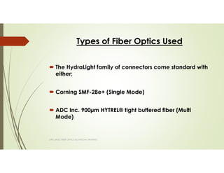 Types of Fiber Optics Used
The HydraLight family of connectors come standard with
either;
Corning SMF-28e+ (Single Mode)
ADC Inc. 900µm HYTREL® tight buffered fiber (Multi
Mode)
SAPL BASIC FIBER OPTICS TECHNICIAN TRAINING
 