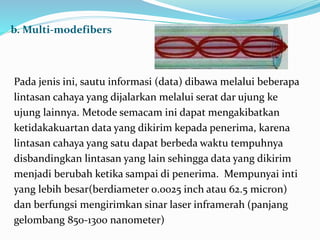 b. Multi-modefibers
Pada jenis ini, sautu informasi (data) dibawa melalui beberapa
lintasan cahaya yang dijalarkan melalui serat dar ujung ke
ujung lainnya. Metode semacam ini dapat mengakibatkan
ketidakakuartan data yang dikirim kepada penerima, karena
lintasan cahaya yang satu dapat berbeda waktu tempuhnya
disbandingkan lintasan yang lain sehingga data yang dikirim
menjadi berubah ketika sampai di penerima. Mempunyai inti
yang lebih besar(berdiameter 0.0025 inch atau 62.5 micron)
dan berfungsi mengirimkan sinar laser inframerah (panjang
gelombang 850-1300 nanometer)
 