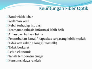 Keuntungan Fiber Optik
Band width lebar
Redaman kecil
Kebal terhadap induksi
Keamanan rahasia informasi lebih baik
Aman dari bahaya listrik
Penambahan kanal / kapasitas terpasang lebih mudah
Tidak ada cakap silang (Crosstalk)
Tidak berkarat
Lebih ekonomis
Tanah temperatur tinggi
Konsumsi daya rendah
 