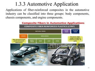 1.3.3 Automotive Application
Applications of fiber-reinforced composites in the automotive
industry can be classified into three groups: body components,
chassis components, and engine components.
18
 