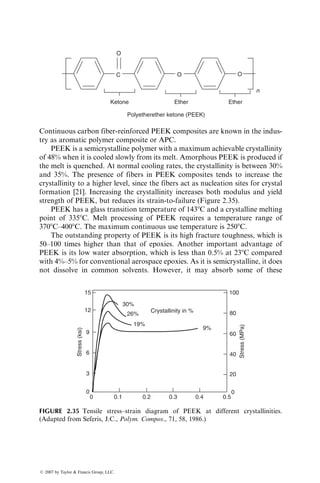 O
C
Ketone Ether
Polyetherether ketone (PEEK)
Ether
O O
n
Continuous carbon fiber-reinforced PEEK composites are known in the indus-
try as aromatic polymer composite or APC.
PEEK is a semicrystalline polymer with a maximum achievable crystallinity
of 48% when it is cooled slowly from its melt. Amorphous PEEK is produced if
the melt is quenched. At normal cooling rates, the crystallinity is between 30%
and 35%. The presence of fibers in PEEK composites tends to increase the
crystallinity to a higher level, since the fibers act as nucleation sites for crystal
formation [21]. Increasing the crystallinity increases both modulus and yield
strength of PEEK, but reduces its strain-to-failure (Figure 2.35).
PEEK has a glass transition temperature of 1438C and a crystalline melting
point of 3358C. Melt processing of PEEK requires a temperature range of
3708C–4008C. The maximum continuous use temperature is 2508C.
The outstanding property of PEEK is its high fracture toughness, which is
50–100 times higher than that of epoxies. Another important advantage of
PEEK is its low water absorption, which is less than 0.5% at 238C compared
with 4%–5% for conventional aerospace epoxies. As it is semicrystalline, it does
not dissolve in common solvents. However, it may absorb some of these
Stress
(ksi)
Stress
(MPa)
Crystallinity in %
15
12
9
6
3
0 0.2
0.1 0.3 0.4 0.5
0 0
20
40
60
80
100
30%
19%
26%
9%
FIGURE 2.35 Tensile stress–strain diagram of PEEK at different crystallinities.
(Adapted from Seferis, J.C., Polym. Compos., 71, 58, 1986.)
ß 2007 by Taylor  Francis Group, LLC.
 