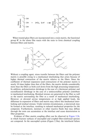 OH
H
H
H
H
O
O
O
O
O
OH (HO)3 Si-R9 Si-R9
+
Glass
fiber
surface
Glass
fiber
surface
OH
When treated glass fibers are incorporated into a resin matrix, the functional
group R0
in the silane film reacts with the resin to form chemical coupling
between fibers and matrix.
H
H
H
H
O
Si-R9 Resin
Glass
fiber
surface
O
O
O O
Without a coupling agent, stress transfer between the fibers and the polymer
matrix is possible owing to a mechanical interlocking that arises because of
higher thermal contraction of the matrix relative to the fibers. Since the
coefficient of thermal expansion (and contraction) of the polymer matrix is
nearly 10 times higher than that of the fibers, the matrix shrinks considerably
more than the fibers as both cool down from the high processing temperature.
In addition, polymerization shrinkage in the case of a thermoset polymer and
crystallization shrinkage in the case of a semicrystalline polymer contribute
to mechanical interlocking. Residual stresses are generated in the fiber as well
as the matrix surrounding the fiber as a result of mechanical interlocking.
However, at elevated service temperatures or at high applied loads, the
difference in expansion of fibers and matrix may relieve this mechanical inter-
locking and residual stresses. Under extreme circumstances, a microcrack may
be formed at the interface, resulting in reduced mechanical properties for the
composite. Furthermore, moisture or other reactive fluids that may diffuse
through the resin can accumulate at the interface and cause deterioration in
fiber properties.
Evidence of fiber–matrix coupling effect can be observed in Figure 2.36,
in which fracture surfaces of uncoupled and coupled fiber-reinforced epoxies
are compared. In the uncoupled system (Figure 2.36a), the interfacial failure
ß 2007 by Taylor  Francis Group, LLC.
 