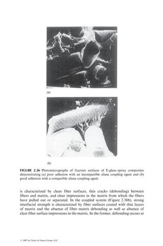 is characterized by clean fiber surfaces, thin cracks (debonding) between
fibers and matrix, and clear impressions in the matrix from which the fibers
have pulled out or separated. In the coupled system (Figure 2.36b), strong
interfacial strength is characterized by fiber surfaces coated with thin layers
of matrix and the absence of fiber–matrix debonding as well as absence of
clear fiber surface impressions in the matrix. In the former, debonding occurs at
(a)
(b)
FIGURE 2.36 Photomicrographs of fracture surfaces of E-glass–epoxy composites
demonstrating (a) poor adhesion with an incompatible silane coupling agent and (b)
good adhesion with a compatible silane coupling agent.
ß 2007 by Taylor  Francis Group, LLC.
 