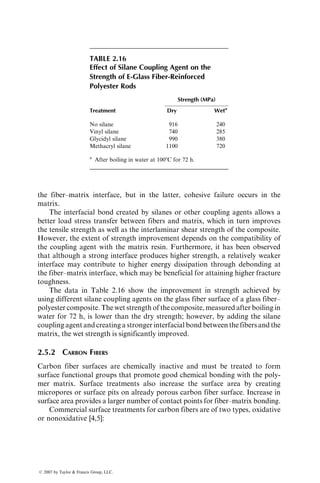 the fiber–matrix interface, but in the latter, cohesive failure occurs in the
matrix.
The interfacial bond created by silanes or other coupling agents allows a
better load stress transfer between fibers and matrix, which in turn improves
the tensile strength as well as the interlaminar shear strength of the composite.
However, the extent of strength improvement depends on the compatibility of
the coupling agent with the matrix resin. Furthermore, it has been observed
that although a strong interface produces higher strength, a relatively weaker
interface may contribute to higher energy dissipation through debonding at
the fiber–matrix interface, which may be beneficial for attaining higher fracture
toughness.
The data in Table 2.16 show the improvement in strength achieved by
using different silane coupling agents on the glass fiber surface of a glass fiber–
polyester composite. The wet strength of the composite, measured after boiling in
water for 72 h, is lower than the dry strength; however, by adding the silane
coupling agent and creating a stronger interfacial bond between the fibers and the
matrix, the wet strength is significantly improved.
2.5.2 CARBON FIBERS
Carbon fiber surfaces are chemically inactive and must be treated to form
surface functional groups that promote good chemical bonding with the poly-
mer matrix. Surface treatments also increase the surface area by creating
micropores or surface pits on already porous carbon fiber surface. Increase in
surface area provides a larger number of contact points for fiber–matrix bonding.
Commercial surface treatments for carbon fibers are of two types, oxidative
or nonoxidative [4,5]:
TABLE 2.16
Effect of Silane Coupling Agent on the
Strength of E-Glass Fiber-Reinforced
Polyester Rods
Strength (MPa)
Treatment Dry Weta
No silane 916 240
Vinyl silane 740 285
Glycidyl silane 990 380
Methacryl silane 1100 720
a
After boiling in water at 1008C for 72 h.
ß 2007 by Taylor  Francis Group, LLC.
 