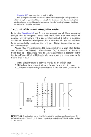 Equation 3.17 now gives sLtu ¼ 1441.28 MPa.
This example demonstrates that with the same fiber length, it is possible to
achieve a high longitudinal tensile strength for the composite by increasing the
interfacial shear stress. Physically, this means that the bonding between the fibers
and the matrix must be improved.
3.1.1.3 Microfailure Modes in Longitudinal Tension
In deriving Equations 3.9 and 3.17, it was assumed that all fibers have equal
strength and the composite lamina fails immediately after fiber failure. In
practice, fiber strength is not a unique value; instead it follows a statistical
distribution. Therefore, it is expected that a few fibers will break at low stress
levels. Although the remaining fibers will carry higher stresses, they may not
fail simultaneously.
When a fiber breaks (Figure 3.11), the normal stress at each of its broken
ends becomes zero. However, over a distance of lc=2 from each end, the stress
builds back up to the average value by shear stress transfer at the fiber–matrix
interface (Figure 3.11c). Additionally, the stress states in a region close to the
broken ends contain
1. Stress concentrations at the void created by the broken fiber
2. High shear stress concentrations in the matrix near the fiber ends
3. An increase in the average normal stress in adjacent fibers (Figure 3.11b)
(a) (b) (c)
1 2 3 4
P
P
Fiber
breakage
FIGURE 3.11 Longitudinal stress distributions (a) in unidirectional continuous fibers
before the failure of fiber 3, (b) in fibers 2 and 4 after the failure of fiber 3, and (c) in fiber
3 after it fails.
ß 2007 by Taylor  Francis Group, LLC.
 