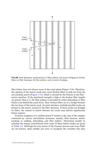 fiber failure does not always occur in the crack plane (Figure 3.14). Therefore,
the opening of the matrix crack may cause broken fibers to pull out from the
surrounding matrix (Figure 3.15), which is resisted by the friction at the fiber–
matrix interface. If the interfacial strength is high or the broken fiber lengths
are greater than lc=2, the fiber pullout is preceded by either debonding or fiber
failure even behind the crack front. Thus, broken fibers act as a bridge between
the two faces of the matrix crack. In some instances, multiple parallel cracks are
formed in the matrix normal to the fiber direction. If these cracks are bridged
by fibers, the volume of matrix between the cracks may deform significantly
before rupture.
Fracture toughness of a unidirectional 08 lamina is the sum of the energies
consumed by various microfailure processes, namely, fiber fracture, matrix
cracking or yielding, debonding, and fiber pullout. Theoretical models to
calculate the energy contributions from some of these failure modes are given
in Table 3.2. Although the true nature of the fracture process and stress fields
are not known, these models can serve to recognize the variables that play
a
a
c b c c
a
a
a
Crack
surface
Crack
surface
FIGURE 3.14 Schematic representation of fiber pullout and matrix bridging by broken
fibers (a) fiber breakage; (b) fiber pullout; and (c) matrix bridging.
ß 2007 by Taylor  Francis Group, LLC.
 