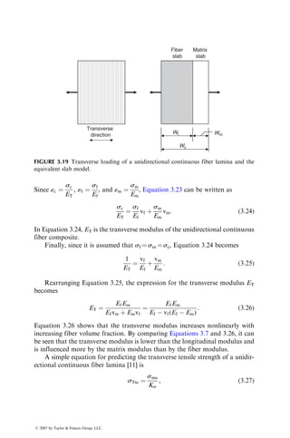 Since «c ¼
sc
ET
, «f ¼
sf
Ef
, and «m ¼
sm
Em
, Equation 3.23 can be written as
sc
ET
¼
sf
Ef
vf þ
sm
Em
vm: (3:24)
In Equation 3.24, ET is the transverse modulus of the unidirectional continuous
fiber composite.
Finally, since it is assumed that sf ¼ sm ¼ sc, Equation 3.24 becomes
1
ET
¼
vf
Ef
þ
vm
Em
: (3:25)
Rearranging Equation 3.25, the expression for the transverse modulus ET
becomes
ET ¼
EfEm
Efvm þ Emvf
¼
EfEm
Ef  vf(Ef  Em)
: (3:26)
Equation 3.26 shows that the transverse modulus increases nonlinearly with
increasing fiber volume fraction. By comparing Equations 3.7 and 3.26, it can
be seen that the transverse modulus is lower than the longitudinal modulus and
is influenced more by the matrix modulus than by the fiber modulus.
A simple equation for predicting the transverse tensile strength of a unidir-
ectional continuous fiber lamina [11] is
sTtu ¼
smu
Ks
, (3:27)
Fiber
slab
Matrix
slab
Transverse
direction
Wc
Wf Wm
FIGURE 3.19 Transverse loading of a unidirectional continuous fiber lamina and the
equivalent slab model.
ß 2007 by Taylor  Francis Group, LLC.
 