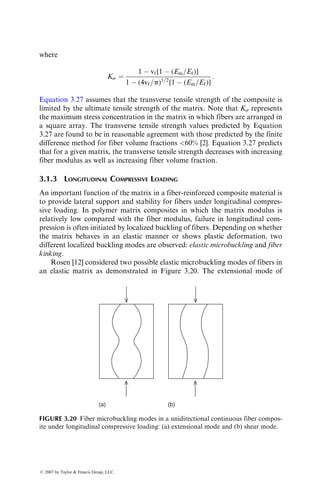 where
Ks ¼
1  vf[1  (Em=Ef)]
1  (4vf=p)1=2
[1  (Em=Ef)]
:
Equation 3.27 assumes that the transverse tensile strength of the composite is
limited by the ultimate tensile strength of the matrix. Note that Ks represents
the maximum stress concentration in the matrix in which fibers are arranged in
a square array. The transverse tensile strength values predicted by Equation
3.27 are found to be in reasonable agreement with those predicted by the finite
difference method for fiber volume fractions 60% [2]. Equation 3.27 predicts
that for a given matrix, the transverse tensile strength decreases with increasing
fiber modulus as well as increasing fiber volume fraction.
3.1.3 LONGITUDINAL COMPRESSIVE LOADING
An important function of the matrix in a fiber-reinforced composite material is
to provide lateral support and stability for fibers under longitudinal compres-
sive loading. In polymer matrix composites in which the matrix modulus is
relatively low compared with the fiber modulus, failure in longitudinal com-
pression is often initiated by localized buckling of fibers. Depending on whether
the matrix behaves in an elastic manner or shows plastic deformation, two
different localized buckling modes are observed: elastic microbuckling and fiber
kinking.
Rosen [12] considered two possible elastic microbuckling modes of fibers in
an elastic matrix as demonstrated in Figure 3.20. The extensional mode of
(a) (b)
FIGURE 3.20 Fiber microbuckling modes in a unidirectional continuous fiber compos-
ite under longitudinal compressive loading: (a) extensional mode and (b) shear mode.
ß 2007 by Taylor  Francis Group, LLC.
 