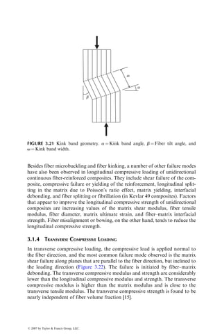 Besides fiber microbuckling and fiber kinking, a number of other failure modes
have also been observed in longitudinal compressive loading of unidirectional
continuous fiber-reinforced composites. They include shear failure of the com-
posite, compressive failure or yielding of the reinforcement, longitudinal split-
ting in the matrix due to Poisson’s ratio effect, matrix yielding, interfacial
debonding, and fiber splitting or fibrillation (in Kevlar 49 composites). Factors
that appear to improve the longitudinal compressive strength of unidirectional
composites are increasing values of the matrix shear modulus, fiber tensile
modulus, fiber diameter, matrix ultimate strain, and fiber–matrix interfacial
strength. Fiber misalignment or bowing, on the other hand, tends to reduce the
longitudinal compressive strength.
3.1.4 TRANSVERSE COMPRESSIVE LOADING
In transverse compressive loading, the compressive load is applied normal to
the fiber direction, and the most common failure mode observed is the matrix
shear failure along planes that are parallel to the fiber direction, but inclined to
the loading direction (Figure 3.22). The failure is initiated by fiber–matrix
debonding. The transverse compressive modulus and strength are considerably
lower than the longitudinal compressive modulus and strength. The transverse
compressive modulus is higher than the matrix modulus and is close to the
transverse tensile modulus. The transverse compressive strength is found to be
nearly independent of fiber volume fraction [15].
b
a
w
FIGURE 3.21 Kink band geometry. a ¼ Kink band angle, b ¼ Fiber tilt angle, and
v ¼ Kink band width.
ß 2007 by Taylor  Francis Group, LLC.
 