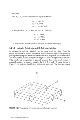 SOLUTION
Since syy ¼ txy ¼ 0, the transformation equations become
s11 ¼ sxx cos2
u,
s22 ¼ sxx sin2
u,
t12 ¼ sxx sin u cos u:
In this example, sxx ¼ þ10 MPa and u ¼ 308. Therefore,
s11 ¼ 7:5 MPa,
s22 ¼ 2:5 MPa,
t12 ¼ 4:33 MPa:
The stresses in the principal material directions are shown in the figure.
3.2.1.4 Isotropic, Anisotropic, and Orthotropic Materials
In an isotropic material, properties are the same in all directions. Thus, the
material contains an infinite number of planes of material property symmetry
passing through a point. In an anisotropic material, properties are different in all
directions so that the material contains no planes of material property symmetry.
Fiber-reinforced composites, in general, contain three orthogonal planes of
material property symmetry, namely, the 1–2, 2–3, and 1–3 plane shown in
Figure 3.26, and are classified as orthotropic materials. The intersections of
3
2
1
FIGURE 3.26 Three planes of symmetry in an orthotropic material.
ß 2007 by Taylor  Francis Group, LLC.
 