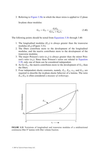 3. Referring to Figure 3.30c in which the shear stress is applied in 12 plane
In-plane shear modulus:
G12 ¼ G21 ¼
GfGm
Gfvm þ Gmvf
: (3:40)
The following points should be noted from Equations 3.36 through 3.40:
1. The longitudinal modulus (E11) is always greater than the transverse
modulus (E22) (Figure 3.31).
2. The fibers contribute more to the development of the longitudinal
modulus, and the matrix contributes more to the development of the
transverse modulus.
3. The major Poisson’s ratio (n12) is always greater than the minor Pois-
son’s ratio (n21). Since these Poisson’s ratios are related to Equation
3.39, only one of them can be considered independent.
4. As for E22, the matrix contributes more to the development of G12 than
the fibers.
5. Four independent elastic constants, namely, E11, E22, n12, and G12, are
required to describe the in-plane elastic behavior of a lamina. The ratio
E11=E22 is often considered a measure of orthotropy.
vf
Ef
E11
Em
Composite
modulus
E22
0 1
FIGURE 3.31 Variations of longitudinal and transverse modulus of a unidirectional
continuous fiber 08 lamina with fiber volume fraction.
ß 2007 by Taylor  Francis Group, LLC.
 