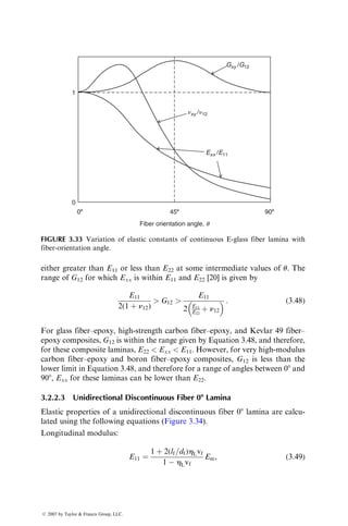either greater than E11 or less than E22 at some intermediate values of u. The
range of G12 for which Exx is within E11 and E22 [20] is given by
E11
2(1 þ n12)
 G12 
E11
2 E11
E22
þ n12
  : (3:48)
For glass fiber–epoxy, high-strength carbon fiber–epoxy, and Kevlar 49 fiber–
epoxy composites, G12 is within the range given by Equation 3.48, and therefore,
for these composite laminas, E22  Exx  E11. However, for very high-modulus
carbon fiber–epoxy and boron fiber–epoxy composites, G12 is less than the
lower limit in Equation 3.48, and therefore for a range of angles between 08 and
908, Exx for these laminas can be lower than E22.
3.2.2.3 Unidirectional Discontinuous Fiber 08 Lamina
Elastic properties of a unidirectional discontinuous fiber 08 lamina are calcu-
lated using the following equations (Figure 3.34).
Longitudinal modulus:
E11 ¼
1 þ 2(lf=df)hLvf
1  hLvf
Em, (3:49)
Gxy /G12
Exx /E11
1
0
08 458 908
Fiber orientation angle, q
␯xy /␯12
FIGURE 3.33 Variation of elastic constants of continuous E-glass fiber lamina with
fiber-orientation angle.
ß 2007 by Taylor  Francis Group, LLC.
 