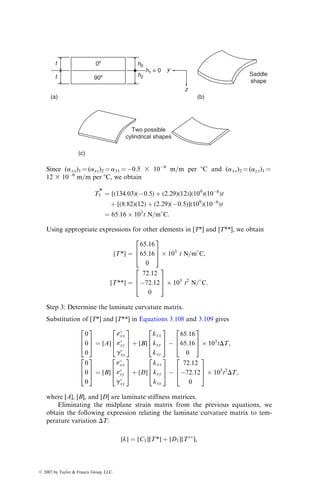 :
Thus,
[A] ¼
h
Q11 h
Q12 0
h
Q12 h
Q22 0
0 0 h
Q66
2
6
4
3
7
5:
Now, using Equations 3.99 through 3.103, we can write
Exx ¼

Q11

Q22  
Q2
12

Q22
,
Eyy ¼

Q11

Q22  
Q2
12

Q11
,
nxy ¼

Q12

Q22
,
Gxy ¼ 
Q66:
Since 
Q11, 
Q22, 
Q12, and 
Q66 are functions of the fiber orientation angle u,
the elastic properties of the angle-ply laminate will also be functions of u. This
ß 2007 by Taylor  Francis Group, LLC.
 