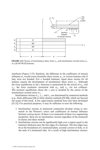 Nxx
Nyy
Nxy
2
4
3
5 ¼ [A]
«
xx
«
yy
g
xy
2
4
3
5þ [B]
kxx
kyy
kxy
2
4
3
5 [T*]DT (3:108)
and
Mxx
Myy
Mxy
2
4
3
5 ¼ [B]
«
xx
«
yy
g
xy
2
4
3
5þ [D]
kxx
kyy
kxy
2
4
3
5 [T		
]DT, (3:109)
where
[T*] ¼
P
N
j¼1
(
Q11)j(axx)j þ (
Q12)j(ayy)j þ (
Q16)j(axy)j
  