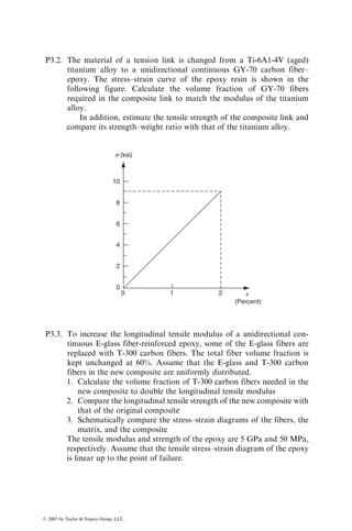 h2
j  h2
j1


2
6
6
6
6
6
6
6
6
6
4
3
7
7
7
7
7
7
7
7
7
5
(3:110)
Note that even if no external loads are applied, that is, if [N] ¼ [M] ¼ [0], there
may be midplane strains and curvatures due to thermal effects, which in turn
will create thermal stresses in various laminas. These stresses can be calculated
using midplane strains and curvatures due to thermal effects in Equation 3.106.
When a composite laminate is cooled from the curing temperature to room
temperature, significant curing (residual) stresses may develop owing to the
thermal mismatch of various laminas. In some cases, these curing stresses may
be sufficiently high to cause intralaminar cracks [25]. Therefore, it may be
prudent to consider them in the analysis of composite laminates.
For example, consider a [0=90]S laminate being cooled from the curing
temperature to room temperature. If the plies were not joined and could
contract freely, the 08 ply will contract much less in the x direction than the
908 ply, while the reverse is true in the y direction. Since the plies are joined and
must deform together, internal residual stresses are generated to maintain the
geometric compatibility between the plies. In [0=90]S laminate, residual stresses
ß 2007 by Taylor  Francis Group, LLC.
 
