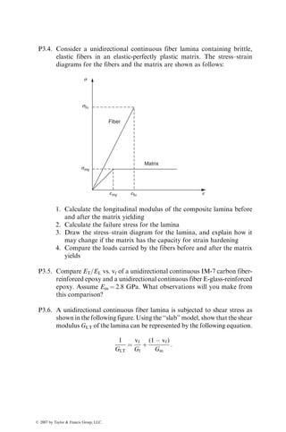 are compressive in the fiber direction, but tensile in the transverse direction in
both 08 and 908 plies (see Example 3.16). Thus, when such a laminate is loaded
in tension in the x direction, residual tensile stress added to the applied tensile
stress can initiate transverse cracks in the 908 plies at relatively low loads.
Equations 3.108 and 3.109 are also useful for calculating the coefficients of
thermal expansion and the cured shapes of a laminate. This is demonstrated in
the following two examples.
EXAMPLE 3.14
Coefficients of thermal expansion for a balanced symmetric laminate
SOLUTION
For a balanced symmetric laminate, A16 ¼ A26 ¼ 0 and [B] ¼ [0]. In a thermal
experiment, [N] ¼ [M] ¼ [0]. Therefore, from Equation 3.108,
0
0
0
2
4
3
5 ¼
A11 A12 0
A12 A22 0
0 0 A66
2
4
3
5
«
xx
«
yy
g
xy
2
4
3
5 
T1*
T2*
T3*
2
4
3
5DT,
which gives
A11«
xx þ A12«
yy ¼ T1
*DT,
A12«
xx þ A22«
yy ¼ T2
*DT,
and
A66g
xy ¼ T3
*DT:
From the first two of these equations, we calculate «xx
8 and «yy
8 as
«
xx ¼
A22T1
*  A12T2
*
A11A22  A2
12
DT,
«
yy ¼
A11T2
*  A12T1
*
A11A22  A2
12
DT:
Following the definitions of thermal expansion coefficients, we write
axx ¼
«
xx
DT
¼
A22T1
*  A12T2
*
A11A22  A2
12
,
ayy ¼
«
yy
DT
¼
A11T2
*  A12T1
*
A11A22  A2
12
,
axy ¼
g
xy
DT
¼
T3
*
A66
:
ß 2007 by Taylor  Francis Group, LLC.
 