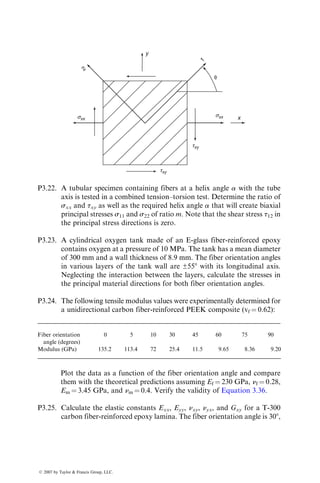 Similarly, T2
* ¼ 176.82 t0 3 103
N=m 8C and T3
* ¼ 0.
Therefore,
[T*] ¼
735:32t0
176:82t0
0
2
4
3
5  103
N=m
C:
Step 4: Using Equation 3.108, determine the midplane strains.
Since there are no external forces, [N] ¼ [0]. Since [B] ¼ [0], we can write Equation
3.108 as
[0] ¼ [A]
«
xx
«
yy
g
xy
2
4
3
5 þ [0] 
T1
*
T2
*
T3
*
2
4
3
5DT,
where DT ¼ Tf  Ti (which, in this case, has a negative value).
Solving for the strain components gives
«
xx
«
yy
g
xy
2
4
3
5 ¼
2:267
0:352
0
2
4
3
5  106
DT m=m:
Step 5: Determine strains in each layer.
Since [k] ¼ [0], strains in each layer are the same as the midplane strains.
Step 6: Determine the free thermal contraction strains in each layer.
«xxf
«yyf
gxyf
2
4
3
5
0
¼
1:8
27
0
2
4
3
5  106
DT m=m
and
«xxf
«yyf
gxyf
2
4
3
5
90
¼
27
1:8
0
2
4
3
5  106
DT m=m:
Step 7: Subtract free thermal contraction strains from strains determined in Step 5
to obtain residual strains in each layer.
«xxr
«yyr
gxyr
2
4
3
5
0
¼
(2:267  (1:8)  106
DT
(0:352 27)  106
DT
0
2
4
3
5 ¼
4:067
27:352
0
2
4
3
5  106
DT m=m
and
«xxr
«yyr
gxyr
2
4
3
5
90
¼
(2:267  27)  106
DT
(0:352  (1:8))  106
DT
0
2
4
3
5 ¼
24:733
1:448
0
2
4
3
5  106
DT m=m:
ß 2007 by Taylor  Francis Group, LLC.
 