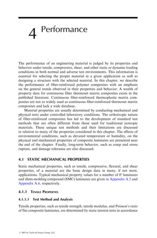18. N.J. Pagano and P.C. Chou, The importance of signs of shear stress and shear strain
in composites, J. Compos. Mater., 3:166 (1969).
19. C.C. Chamis and G.P. Sendeckyj, Critique on theories predicting thermoelastic
properties of fibrous composites, J. Compos. Mater., 2:332 (1968).
20. R.M. Jones, Stiffness of orthotropic materials and laminated fiber-reinforced com-
posites, AIAA J., 12:112 (1974).
21. R.A. Schapery, Thermal expansion coefficients of composite materials based on
energy principles, J. Compos. Mater., 2:280 (1968).
22. L.B. Greszczuk, Effect of material orthotropy on the directions of principal stresses
and strains, Orientation Effects in the Mechanical Behavior of Anisotropic Structural
Materials, ASTM STP, 405:1 (1966).
23. S.W. Tsai and N.J. Pagano, Invariant properties of composite materials, Composite
Materials Workshop (S.W. Tsai, J.C. Halpin, and N.J. Pagano, eds.), Technomic
Publishing Co., Stamford, CT, p. 233 (1968).
24. R.B. Pipes, J.R. Vinson, and T.W. Chou, On the hygrothermal response of lamin-
ated composite systems, J. Compos. Mater., 10:129 (1976).
25. H.T. Hahn, Residual stresses in polymer matrix composite laminates, J. Compos.
Mater., 10:266 (1976).
26. M.W. Hyer, Some observations on the cured shape of thin unsymmetric laminates,
J. Compos. Mater., 15:175 (1981).
27. M.W. Hyer, Calculations of room-temperature shapes of unsymmetric laminates,
J. Compos. Mater., 15:295 (1981).
28. R.B. Pipes and N.J. Pagano, Interlaminar stresses in composite laminates under
uniform axial extension, J. Compos. Mater., 4:538 (1970).
29. G. Isakson and A. Levy, Finite-element analysis of interlaminar shear in fiberous
composites, J. Compos. Mater., 5:273 (1971).
30. E.F. Rybicki, Approximate three-dimensional solutions for symmetric laminates
under inplane loading, J. Compos. Mater., 5:354 (1971).
31. J.M. Whitney, Free-edge effects in the characterization of composite materials,
Analysis of the Test Methods for High Modulus Fibers and Composites, ASTM
STP, 521:167 (1973).
32. P. Conti and A.D. Paulis, A simple model to simulate the interlaminar stresses
generated near the free edge of a composite laminate, Delamination and Debonding
of Materials, ASTM STP, 876:35 (1985).
PROBLEMS
P3.1. Calculate the longitudinal modulus, tensile strength, and failure strain
of a unidirectional continuous fiber composite containing 60 vol% of
T-800 carbon fibers (Ef ¼ 294 GPa and sfu ¼ 5.6 GPa) in an epoxy
matrix (Em ¼ 3.6 GPa, smu ¼ 105 MPa, and «mu ¼ 3.1%). Compare
these values with the experimentally determined values of EL ¼ 162
GPa, sLtu ¼ 2.94 GPa, and «Ltu ¼ 1.7%. Suggest three possible reasons
for the differences. What fraction of load is carried by the fibers in this
composite?
ß 2007 by Taylor  Francis Group, LLC.
 