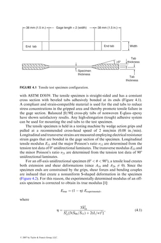 P3.2. The material of a tension link is changed from a Ti-6A1-4V (aged)
titanium alloy to a unidirectional continuous GY-70 carbon fiber–
epoxy. The stress–strain curve of the epoxy resin is shown in the
following figure. Calculate the volume fraction of GY-70 fibers
required in the composite link to match the modulus of the titanium
alloy.
In addition, estimate the tensile strength of the composite link and
compare its strength–weight ratio with that of the titanium alloy.
10
s (ksi)
e
(Percent)
8
6
4
2
0
0 1 2
P3.3. To increase the longitudinal tensile modulus of a unidirectional con-
tinuous E-glass fiber-reinforced epoxy, some of the E-glass fibers are
replaced with T-300 carbon fibers. The total fiber volume fraction is
kept unchanged at 60%. Assume that the E-glass and T-300 carbon
fibers in the new composite are uniformly distributed.
1. Calculate the volume fraction of T-300 carbon fibers needed in the
new composite to double the longitudinal tensile modulus
2. Compare the longitudinal tensile strength of the new composite with
that of the original composite
3. Schematically compare the stress–strain diagrams of the fibers, the
matrix, and the composite
The tensile modulus and strength of the epoxy are 5 GPa and 50 MPa,
respectively. Assume that the tensile stress–strain diagram of the epoxy
is linear up to the point of failure.
ß 2007 by Taylor  Francis Group, LLC.
 