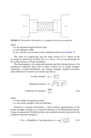 P3.4. Consider a unidirectional continuous fiber lamina containing brittle,
elastic fibers in an elastic-perfectly plastic matrix. The stress–strain
diagrams for the fibers and the matrix are shown as follows:
Fiber
Matrix
efu
emy
smy
sfu
s
e
1. Calculate the longitudinal modulus of the composite lamina before
and after the matrix yielding
2. Calculate the failure stress for the lamina
3. Draw the stress–strain diagram for the lamina, and explain how it
may change if the matrix has the capacity for strain hardening
4. Compare the loads carried by the fibers before and after the matrix
yields
P3.5. Compare ET=EL vs. vf of a unidirectional continuous IM-7 carbon fiber-
reinforced epoxy and a unidirectional continuous fiber E-glass-reinforced
epoxy. Assume Em ¼ 2.8 GPa. What observations will you make from
this comparison?
P3.6. A unidirectional continuous fiber lamina is subjected to shear stress as
shown in the following figure. Using the ‘‘slab’’ model, show that the shear
modulus GLT of the lamina can be represented by the following equation.
1
GLT
¼
vf
Gf
þ
(1  vf)
Gm
:
ß 2007 by Taylor  Francis Group, LLC.
 