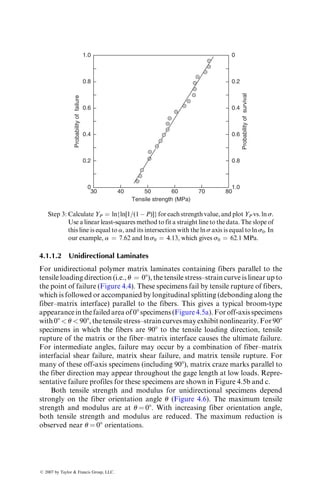unaffected. Explain both phenomena in terms of the energy released on
fiber fracture.
P3.16. A fiber breaks at a location away from the matrix crack plane and pulls
out from the matrix with the opening of the matrix crack. Assuming
that the embedded fiber length l in the figure is less than half the critical
length lc, show that the work required to pull out the fiber is
Wpo ¼
p
2
dfl2
ti,
where ti is the interfacial shear stress (assumed constant). What might
be expected if the embedded fiber length l is greater than 1
2 lc?
dy
ti
y
Fiber crack
Matrix
crack plane
P3.17. Using the rule of mixture approach as was done for longitudinal tensile
loading, derive equations for the longitudinal compressive modulus and
strength of a unidirectional continuous fiber composite for the follow-
ing cases:
1. «fc  «myc
2. «fc  «myc
where
«fc ¼ fiber ‘‘fracture’’ strain in compression
«myc ¼ matrix yield strain in compression
ß 2007 by Taylor  Francis Group, LLC.
 