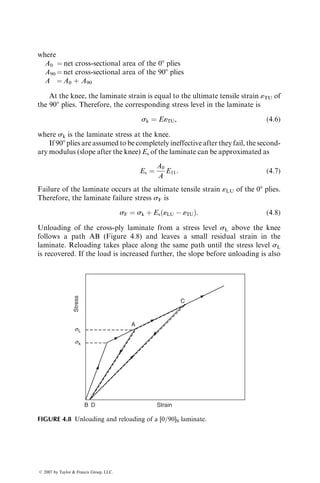 and the fiber volume fraction is 0.6. For the epoxy matrix, use
Em ¼ 2.07 GPa and nm ¼ 0.45.
P3.26. A unidirectional discontinuous fiber lamina contains T-300 carbon
fiber in an epoxy matrix. The fiber aspect ratio (lf=df) is 50, and the
fiber volume fraction is 0.5. Determine the elastic constants E11, E22,
n12, n21, and G12 for the lamina. For the matrix, use Em ¼ 2.07 GPa and
nm ¼ 0.45. If the fibers are misaligned by 108 with the uniaxial loading
direction, how would these elastic constants change?
P3.27. The material used in the transmission gears of an automobile is an
injection-molded nylon 6,6 containing 20 wt% of chopped randomly
oriented E-glass fibers. The tensile modulus of this material is 1.25 3
106
psi.
In a more demanding application for the transmission gears, the
modulus of the material must be 50% higher. An engineer wants to
accomplish this by replacing the E-glass fibers with carbon fibers. If the
fiber weight fraction remains the same, calculate the length of carbon
fibers that must be used to obtain the desired modulus.
Use the following information in your calculations. (a) For the
carbon fiber, rf ¼ 1.8 g=cm3
, Ef ¼ 30 3 106
psi, and df ¼ 0.0006 in. and
(b) for nylon 6,6, rm ¼ 1.14 g=cm3
and Em ¼ 0.4 3 106
psi.
P3.28. A unidirectional discontinuous E-glass fiber-reinforced polyphenylene
sulfide (PPS) composite needs to be developed so that its longitudinal
tensile modulus is at least 25 GPa and its longitudinal tensile strength is
at least 950 MPa. Through the use of proper coupling agent on the glass
fiber surface, it would be possible to control the interfacial shear
strength between 10 and 30 MPa. The fiber bundle diameter is 0.30 mm
and the fiber weight fraction is 60%. Determine the fiber length required
for this composite.
The matrix properties are: rm ¼ 1.36 g=cm3
, Em ¼ 3.5 GPa, and
Smu ¼ 165 MPa.
P3.29. A unidirectional continuous fiber lamina contains carbon fibers in
an epoxy matrix. The fiber volume fraction is 0.55. The coefficient
of longitudinal thermal expansion for the lamina is measured as
0.61 3 106
per 8C, and that for the matrix at the same temperature
is 54 3 106
per 8C. Estimate the coefficient of thermal expansion for
the fiber. The longitudinal modulus of the lamina is 163.3 GPa and the
matrix modulus is 3.5 GPa.
P3.30. Coefficients of axial and transverse thermal expansion of 08 unidirec-
tional Spectra 900 fiber-reinforced epoxy composite (vf ¼ 60%) are
ß 2007 by Taylor  Francis Group, LLC.
 