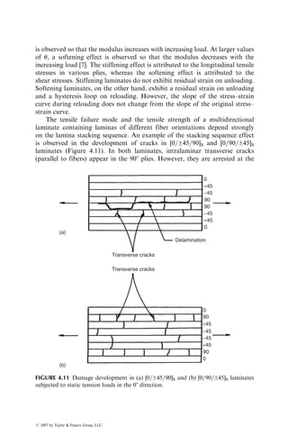 [A] ¼
0:99h 0:68h 0
0:68h 0:99h 0
0 0 0:72h
2
4
3
5  107
lb=in:
1. Calculate the engineering elastic constants for the laminate
2. Calculate the strains in the þ458 and 458 laminas owing to average
laminate stresses Nxx=h ¼ Nyy=h ¼ p and Nxy=h ¼ 0. Assume that
each lamina has a thickness of h=4
P3.43. The elastic properties of unidirectional carbon fiber–epoxy lamina are
E11 ¼ 181.3 GPa, E22 ¼ 10.27 GPa, G12 ¼ 7.17 GPa, and n12 ¼ 0.28.
Compare the engineering elastic constants of the [±45=0]S and
[±45=0=90]S laminates manufactured from this carbon fiber–epoxy
material.
P3.44. Show that the shear modulus of a thin [±45]nS plate is given by
Gxy ¼
1
4
E11 þ E22  2n12E22
1  n12n21
 
:
P3.45. Show that the elements in the bending stiffness matrix of [0=60=60]S
and [0=90=45=45]S laminates are given by
Dij ¼
h3
12
(
Qij)60 þ 7(
Qij)60 þ 19(
Qij)0
27
 
and
Dij ¼
h3
12
(
Qij)45 þ 7(
Qij)45 þ 19(
Qij)90 þ 37(
Qij)0
64
 
,
respectively. Here, h represents the laminate thickness.
P3.46. A torsional moment Mxy applied to a symmetric laminated plate creates
a bending curvature as well as a twisting curvature. Find an expression
for the additional bending moment Mxx that must be applied to the
plate to create a pure twisting curvature kxy.
P3.47. An ARALL-4 laminate contains three layers of 2024-T8 aluminum
alloy sheet (each 0.3 mm thick) and two layers of 08 unidirectional
Kevlar 49-epoxy in an alternate sequence, [A1=0K=A1=0K=A1]. Elastic
properties of the aluminum alloy are E ¼ 73 GPa and n ¼ 0.32, whereas
ß 2007 by Taylor  Francis Group, LLC.
 