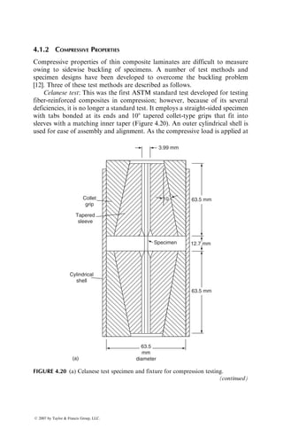 1.0
0.8
0.6
0.4
Probability
of
failure
Probability
of
survival
Tensile strength (MPa)
0.2
0
30 40 50 60 70 80
0
0.2
0.4
0.6
0.8
1.0
Step 3: CalculateYP ¼ ln{ln[1=(1 P)]} for eachstrengthvalue,andplotYP vs.lns.
Use a linear least-squares method to fit a straight line to the data. The slope of
this line is equal to a, and its intersection with the ln s axis is equal to ln s0. In
our example, a ¼ 7.62 and lns0 ¼ 4.13, which gives s0 ¼ 62.1 MPa.
4.1.1.2 Unidirectional Laminates
For unidirectional polymer matrix laminates containing fibers parallel to the
tensile loading direction (i.e., u ¼ 08), the tensile stress–strain curve is linear up to
the point of failure (Figure 4.4). These specimens fail by tensile rupture of fibers,
which is followed or accompanied by longitudinal splitting (debonding along the
fiber–matrix interface) parallel to the fibers. This gives a typical broom-type
appearanceinthe failedarea of08specimens (Figure 4.5a).Foroff-axisspecimens
with08  u  908,thetensilestress–strain curvesmayexhibitnonlinearity. For908
specimens in which the fibers are 908 to the tensile loading direction, tensile
rupture of the matrix or the fiber–matrix interface causes the ultimate failure.
For intermediate angles, failure may occur by a combination of fiber–matrix
interfacial shear failure, matrix shear failure, and matrix tensile rupture. For
many of these off-axis specimens (including 908), matrix craze marks parallel to
the fiber direction may appear throughout the gage length at low loads. Repre-
sentative failure profiles for these specimens are shown in Figure 4.5b and c.
Both tensile strength and modulus for unidirectional specimens depend
strongly on the fiber orientation angle u (Figure 4.6). The maximum tensile
strength and modulus are at u ¼ 08. With increasing fiber orientation angle,
both tensile strength and modulus are reduced. The maximum reduction is
observed near u ¼ 08 orientations.
ß 2007 by Taylor  Francis Group, LLC.
 