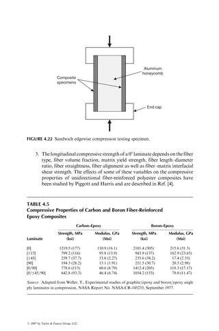 where
A0 ¼ net cross-sectional area of the 08 plies
A90 ¼ net cross-sectional area of the 908 plies
A ¼ A0 þ A90
At the knee, the laminate strain is equal to the ultimate tensile strain «TU of
the 908 plies. Therefore, the corresponding stress level in the laminate is
sk ¼ E«TU, (4:6)
where sk is the laminate stress at the knee.
If 908 plies are assumed to be completely ineffective after they fail, the second-
ary modulus (slope after the knee) Es of the laminate can be approximated as
Es ¼
A0
A
E11: (4:7)
Failure of the laminate occurs at the ultimate tensile strain «LU of the 08 plies.
Therefore, the laminate failure stress sF is
sF ¼ sk þ Es «LU  «TU
ð Þ: (4:8)
Unloading of the cross-ply laminate from a stress level sL above the knee
follows a path AB (Figure 4.8) and leaves a small residual strain in the
laminate. Reloading takes place along the same path until the stress level sL
is recovered. If the load is increased further, the slope before unloading is also
A
sL
sk
C
B D
Stress
Strain
FIGURE 4.8 Unloading and reloading of a [0=90]S laminate.
ß 2007 by Taylor  Francis Group, LLC.
 