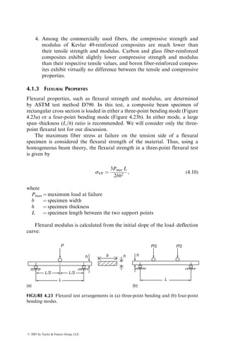 recovered. Unloading from a higher stress level follows a path CD, which has a
smaller slope than AB. The difference in slope between the two unloading paths
AB and CD is evidence that the 908 plies fail in a progressive manner. Neglect-
ing the small residual strains after unloading, Hahn and Tsai [6] predicted the
elastic modulus ED of the damaged laminate as
ED ¼
E
1 þ [(AE=A0E11)  1](1  sk=sL)
: (4:9)
4.1.1.4 Multidirectional Laminates
Tensile stress–strain curves for laminates containing different fiber orientations
in different laminas are in general nonlinear. A few examples are shown in
Figure 4.9. For the purposes of analysis, these curves are approximated by a
number of linear portions that have different slopes. When these linear portions
are extended, a number of knees, similar to that observed in a cross-ply
laminate, can be identified. The first knee in these diagrams is called the first
ply failure (FPF) point. Many laminates retain a significant load-carrying
capacity beyond the FPF point, but for some laminates with high notch
sensitivity, failure occurs just after FPF (Table 4.2). Furthermore, cracks
appearing at the FPF may increase the possibility of environmental damage
(such as moisture pickup) as well as fatigue failure. For all these reasons, the
FPF point has special importance in many laminate designs.
Angle-ply laminates containing [±u] layups exhibit two kinds of stress–
strain nonlinearity (Figure 4.10). At values of u closer to 08, a stiffening effect
140
120
80
40
0
0 2 4
Strain (10−6
)
[0/±45]S
[0/±45/90]S
[±45/90]S
Stress
(MPa)
Stress
(ksi)
6
1104
828
552
276
0
FIGURE 4.9 Typical tensile stress–strain diagrams for multidirectional laminates.
ß 2007 by Taylor  Francis Group, LLC.
 