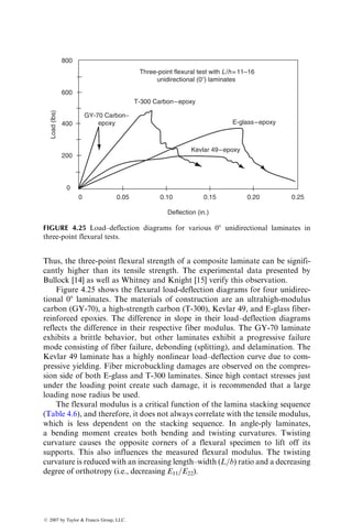 lamina interfaces and do not immediately propagate into the adjacent plies. The
number of transverse cracks in the 908 plies increases until uniformly spaced
cracks are formed throughout the specimen length [8]; however, these trans-
verse cracks are more closely spaced in [0=90=±45]S laminates than [0=±45=90]S
laminates. Increasing the tensile load also creates a few intralaminar cracks
parallel to the fiber directions in both 458 and þ458 plies. Apart from these
intralaminar crack patterns, subsequent failure modes in these two apparently
similar laminates are distinctly different. In [0=±45=90]S laminates, longitudinal
interlaminar cracks grow between the 908 plies, which join together to form
continuous edge delaminations with occasional jogging into the 90=45 inter-
faces. With increasing load, the edge delamination extends toward the center of
the specimen; however, the specimen fails by the rupture of 08 fibers before the
entire width is delaminated. In contrast to the [0=±45=90]S laminate, there is no
edge delamination in the [0=90=±45]S laminate; instead, transverse cracks
appear in both þ458 and 458 plies before the laminate failure. The difference
in edge delamination behavior between the [0=±45=90]S and [0=90=±45]S lamin-
ates can be explained in terms of the interlaminar normal stress szz, which is
tensile in the former and compressive in the latter.
Table 4.3 presents the tensile test data and failure modes observed in several
multidirectional carbon fiber–epoxy laminates. If the laminate contains 908
plies, failure begins with transverse microcracks appearing in these plies. With
increasing stress level, the number of these transverse microcracks increases
until a saturation number, called the characteristic damage state (CDS),
is reached. Other types of damages that may follow transverse microcracking
are delamination, longitudinal cracking, and fiber failure.
4.1.1.5 Woven Fabric Laminates
The principal advantage of using woven fabric laminates is that they provide
properties that are more balanced in the 08 and 908 directions than unidirec-
tional laminates. Although multilayered laminates can also be designed to
produce balanced properties, the fabrication (layup) time for woven fabric
laminates is less than that of a multilayered laminate. However, the tensile
strength and modulus of a woven fabric laminate are, in general, lower than
those of multilayered laminates. The principal reason for their lower tensile
properties is the presence of fiber undulation in woven fabrics as the fiber yarns
in the fill direction cross over and under the fiber yarns in the warp direction to
create an interlocked structure. Under tensile loading, these crimped fibers tend
to straighten out, which creates high stresses in the matrix. As a result, micro-
cracks are formed in the matrix at relatively low loads. This is also evidenced by
the appearance of one or more knees in the stress–strain diagrams of woven
fabric laminates (Figure 4.12). Another factor to consider is that the fibers in
woven fabrics are subjected to additional mechanical handling during the
weaving process, which tends to reduce their tensile strength.
ß 2007 by Taylor  Francis Group, LLC.
 