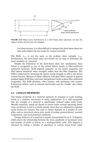the ends of the tapered sleeves, the grip on the specimen tightens and the gage
section of the specimen is compressed by the frictional forces transmitted
through the end tabs. Strain gages are mounted in the gage section to measure
longitudinal and transverse strain data from which compressive modulus and
Poisson’s ratio are determined.
IITRI test: The IITRI test was first developed at the Illinois Institute of
Technology Research Institute and was later adopted as a standard compres-
sion test for fiber-reinforced composites (ASTM D3410). It is similar to the
Celanese test, except it uses flat wedge grips instead of conical wedge grips
(Figure 4.21). Flat wedge surfaces provide a better contact between the wedge
and the collet than conical wedge surfaces and improve the axial alignment. Flat
wedge grips can also accommodate variation in specimen thickness. The IITRI
test fixture contains two parallel guide pins in its bottom half that slide into two
roller bushings that are located in its top half. The guide pins help maintain
good lateral alignment between the two halves during testing. The standard
specimen length is 140 mm, out of which the middle 12.7 mm is unsupported
and serves as the gage length. Either untabbed or tabbed specimens can be used;
however, tabbing is preferred, since it prevents surface damage and end crush-
ing of the specimen if the clamping force becomes too high.
Sandwich edgewise compression test: In this test, two straight-sided speci-
mens are bonded to an aluminum honeycomb core that provides the necessary
FIGURE 4.20 (continued) (b) Celanese compression test fixture. (Courtesy of MTS
Systems Corporation. With permission.)
ß 2007 by Taylor  Francis Group, LLC.
 
