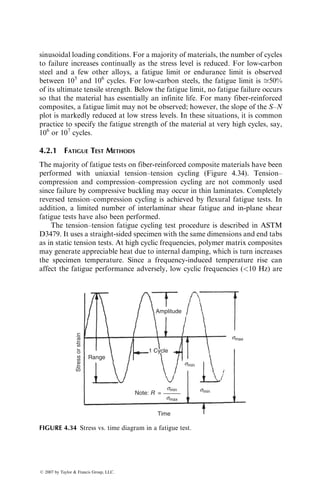 support for lateral stability (Figure 4.22). Compressive load is applied through
the end caps, which are used for supporting the specimen as well as preventing
end crushing. The average compressive stress in the composite laminate is
calculated assuming that the core does not carry any load. Table 4.5 shows
representative compressive properties for carbon fiber–epoxy and boron fiber–
epoxy laminates obtained in a sandwich edgewise compression test. The data in
this table show that the compressive properties depend strongly on the fiber
type as well as the laminate configuration.
Compressive test data on fiber-reinforced composites are limited. From the
available data on 08 laminates, the following general observations can be made.
1. Unlike ductile metals, the compressive modulus of a 08 laminate is not
equal to its tensile modulus.
2. Unlike tensile stress–strain curves, compressive stress–strain curves of 08
laminates may not be linear.
Guide pin
08 Unidirectional
composite
specimen
Flat wedge
grip
(a)
FIGURE 4.21 IITRI compression test fixture. (Courtesy of MTS Systems Corporation.
With permission.)
ß 2007 by Taylor  Francis Group, LLC.
 