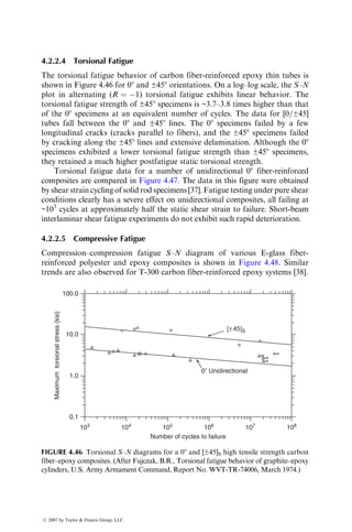 and modulus of fiber-reinforced composites. It uses a double V-notched test
specimen, which is tested in a four-point bending fixture (Figure 4.29).
A uniform transverse shear force is created in the gage section of the specimen,
while the bending moment at the notch plane is zero. Various analyses have
shown that except at the close vicinity of the notch roots, a state of pure
P
P
P
0
Shear
force
Pa
Bending
moment
(e)
(d)
(b) (c)
2
Pa
2
L
w
a
Pa
(L – a)
PL
(L–a)
Pa
(L – a)
Pa
(L–a)
PL
(L – a)
− −
FIGURE 4.29 Iosipescu shear test: (a) test fixture (Courtesy of MTS System Corpo-
ration), (b) schematic representation, (c) free body, (d) shear force, and (e) bending
moment distribution.
ß 2007 by Taylor  Francis Group, LLC.
 
