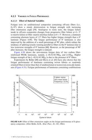 A tensileloadappliedtotherailstendstodisplaceone railrelativetotheother, thus
inducing an in-plane shear load on the test laminate. In a three-rail shear test, three
pairs of steel rails are fastened to a 136 mm wide 3 152 mm long rectangular
specimen, two along its long edges, and one along its centerline (Figure 4.31b).
A compressive load applied at the center rail creates an in-plane shear load in
the specimen. The shear stress txy is calculated from the applied load P as
Two-rail: txy ¼
P
Lh
,
Three-rail: txy ¼
P
2Lh
, (4:20)
where
L is the specimen length
h is the specimen thickness
The shear strain gxy is determined using a strain gage mounted in the center
of the test section at 458 to the specimen’s longitudinal axis. The shear strain gxy
is calculated from the normal strain in the 458 direction:
gxy ¼ 2«45 : (4:21)
In order to assure a uniform shear stress field at a short distance away from the
free edges of a rail shear specimen [21], the length–width ratio must be greater
than 10:1. A low effective Poisson’s ratio for the laminate is also desirable, since
Rail
P
Rail
Specimen
(a)
P
P
Specimen
Side rail
Side rail
Center rail
(b)
P
FIGURE 4.31 Test configuration for (a) two-rail and (b) three-rail shear tests.
ß 2007 by Taylor  Francis Group, LLC.
 